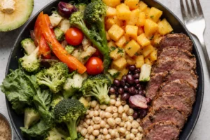 Флекситарианство: тарелка с овощами, рыбой, немного мяса