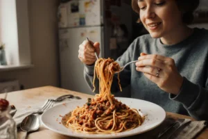 Тальятелле с настоящим ragù alla bolognese — густой соус, пармезан, зелень